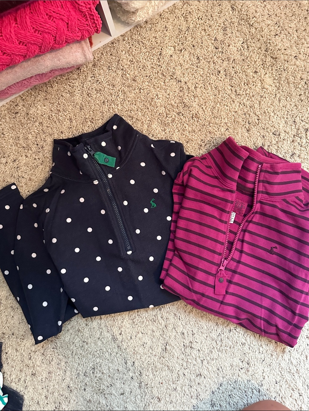 Women’s Quarter-Zip Pullover Jacket - Navy Polka Dot & Magenta Stripes.